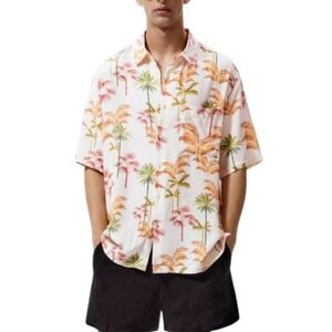 Zara Palm Tree Tropical Button Up Shirt Men's Size M White Hawaiian Short Sleeve
